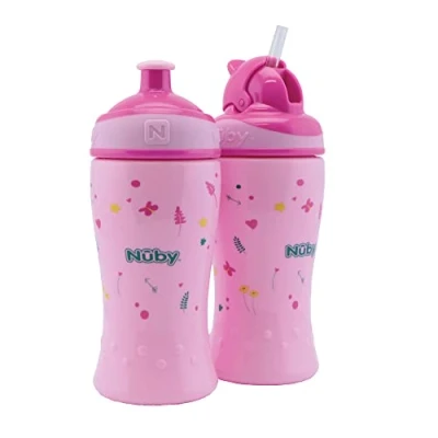 Image de Nuby Lot de 2 gourdes anti fuite gourde Flip it 360 ml + pop up Gobelet d&#039;apprentissage pour enfants Sans BPA Rose 12 mois et 18