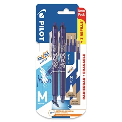 Image de Pilot Frixion Clicker Stylos à Encre gel rétractable effaçable bleue Pointe moyenne 0,7 mm Blister de 2 + 6 recharges bonus
