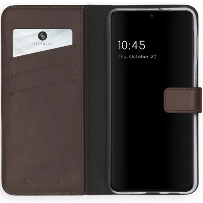 Afbeelding van Selencia Hoesje Geschikt voor Samsung Galaxy S21 Met Pasjeshouder Echt Lederen Bookcase Bruin