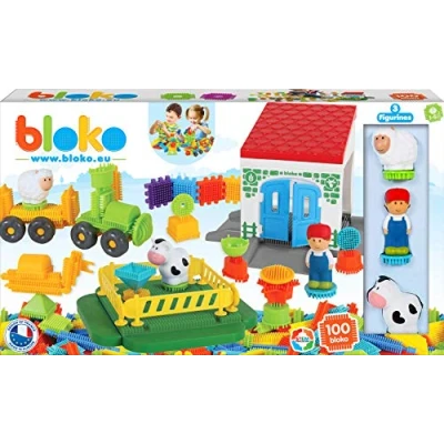Afbeelding van BLOKO Set van 100 BIoko met 1 boerderij en 3 3D figuren vanaf 12 maanden Made in Europe bouwspeelgoed 1e leeftijd 503634