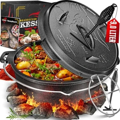 Afbeelding van KESSER® Dutch Oven Gietijzeren braadpannenset met roestvrijstalen onderkant, 9 liter, handvat en sleuf voor themoreter, buiten binnen