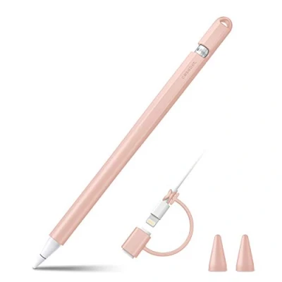 Afbeelding van Fintie Siliconen hoes compatibel met Apple Pencil (1e generatie) ultralichte penhouder, zachte handgreep 2 puntdeksels en 1 tether kabeladapter, roze