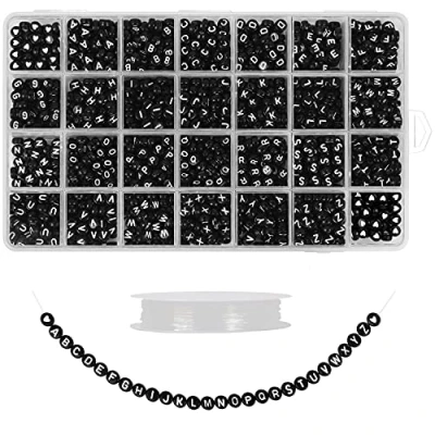 Afbeelding van Handi Stitch (1620 Pak) Zwart Plastic A Z Alfabet Letter Kralen met Opslag Doos 7mm Ronde Witte Letters en 10m Kristal Draad Sieraden Bedels Voor Maken van Armbanden, Kettingen, Hobby