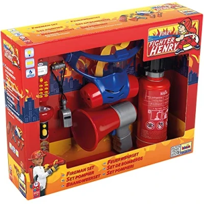 Afbeelding van Klein Toys 7 delige brandweer set brandblusser, zaklamp, megafoon, gasmasker, mobiele speelgoedtelefoon, fluitje en naamplaatje incl. licht geluidseffecten rood blauw