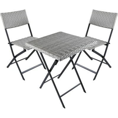 Afbeelding van BRUBAKER Lugano Balkonset met tafel en 2 stoelen, weerbestendig, inklapbaar ruimtebesparend, polyrotan balkonmeubelset, zitgroep voor balkon, terras, bistroset klapstoelen, grijs/beige