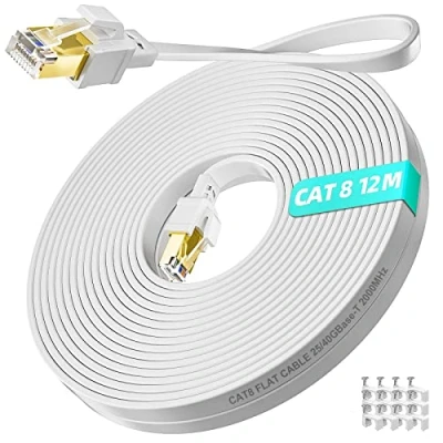 Afbeelding van Ethernet kabel, 12 m, hoge snelheid, Cat 8, RJ45, plat, netwerkkabel, 40 Gbit/s, 2000 MHz, LAN afgeschermd, Gigabit internet, ethernetkabel, wit, voor switch, router, PC, PS4, PS5,