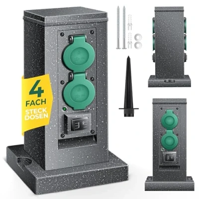 Afbeelding van KESSER® tuinstopcontact steenlook met 4 sleuven inclusief grondpin, meerdere stopcontacten buiten 3m kabel buitenstopcontact IP44 waterdicht steenstopcontact AAN/Auto schemersensor, antraciet