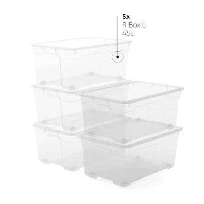 Afbeelding van Keter Set van 5 kunststof boxen met deksel R Box l, transparant, wielen, geschikt voor kasten en garages, 45 56,5 x 38 26 cm