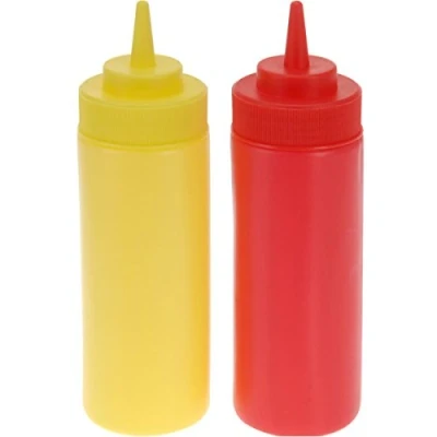 Afbeelding van Doseerflessen/sausflessen 2x rood en geel kunststof 400 ml mayo ketchup knijpflessen