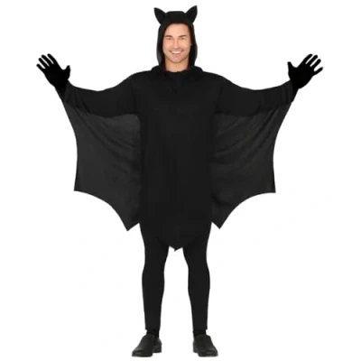 Afbeelding van FIESTAS GUIRCA vleermuiskostuum voor heren, gevleugeld, zwart met vleermuisoren, capuchon en vleugels, Halloween kostuum L