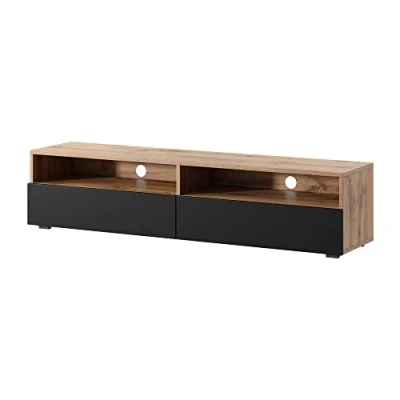 Afbeelding van Selsey REDNAW TV kast 140 cm eiken Wotan/zwart glanzend Scandinavisch modern