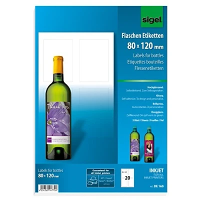 Image de Sigel DE160 Paquet de 5 feuilles A4 85 g pour 20 étiquettes personnalisables auto adhésives 80 x 120 mm bouteilles imprimante jet d&#039;encre (Blanc brillant)