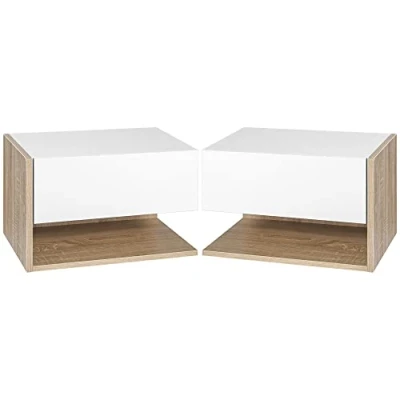 Afbeelding van HOMCOM set van 2 Nachtkastjes voor wandmontage, nachtkastjes, schuiflade, plank, dienblad, hout, tweekleurig, eiken look, wit