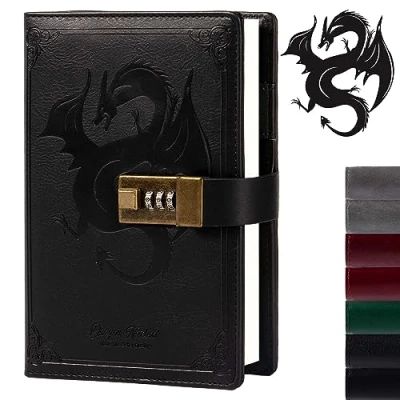 Afbeelding van Dragon Leren dagboek, hardcover, afsluitbaar, navulbaar schrijfdagboek, gelinieerd/blanco schrijfdagboek met cijferslot voor mannen, vrouwen, kinderen (zwart)
