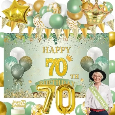 Afbeelding van 70e verjaardag feestdecoratieset voor mannen en vrouwen, met &quot;Happy 70th Birthday&quot; banner, folieballon in de vorm van een cijfer 70, sjaal verjaardag,