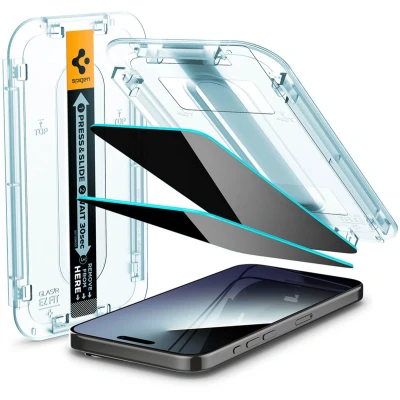 Afbeelding van Spigen EZ Fit Glas.tR Screen Protector Geschikt voor Apple iPhone 15 Pro Privacy Glass Case Friendly Gemakkelijke Installatie 2 Pack