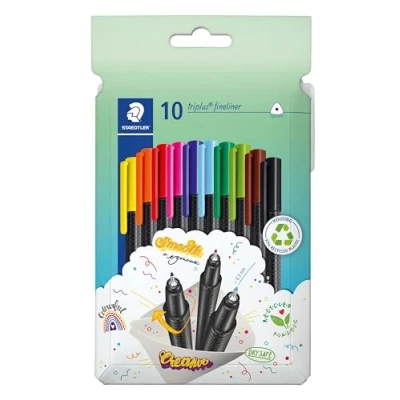 Afbeelding van STAEDTLER fineliner Triplus 334 C10 10 stuks ergonomische met 0,3 mm ultradunne punt, lange levensduur, Dry Safe, polypropyleen schacht, mix en match, fijne viltstiften in