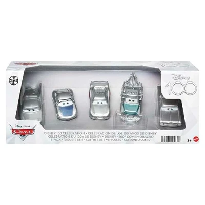 Afbeelding van Disney Pixar Cars 5 pack Lightning McQueen, Sally, Hook, Flo, Ramone, platina decoratie, schaal 1:55, HPL98
