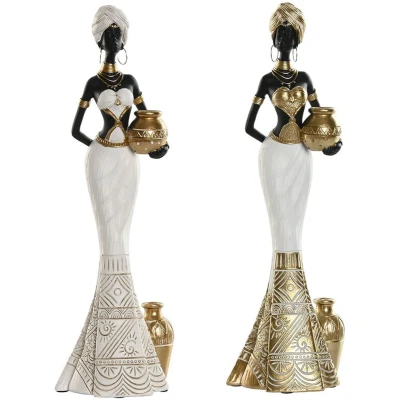 Afbeelding van Decoratieve figuren Home ESPRIT Wit Zwart Gouden Afrikaanse 9,5 x 7,5 31 cm (2 Stuks)