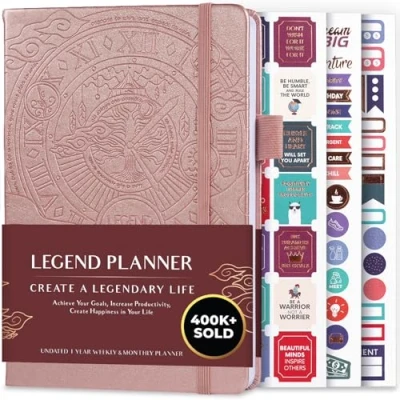 Afbeelding van Legend Planner Deluxe week &amp; maand lifeplanner om uw doelen te bereiken en gelukkiger leven. Organisator Notebook Productiviteitsdagboek. A5 Hardcover, niet gedateerd Starten op elk moment + Stickers (Rosé Goud)