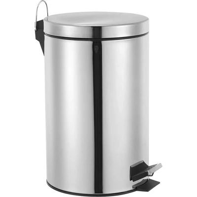 Afbeelding van Perel metalen pedaalemmer met uitneembare plastic emmer, handgreep en antislippedaal, ideaal voor thuis op kantoor, inhoud 14 liter, rond Ø 25 x 39.5 cm, roestvrij staal