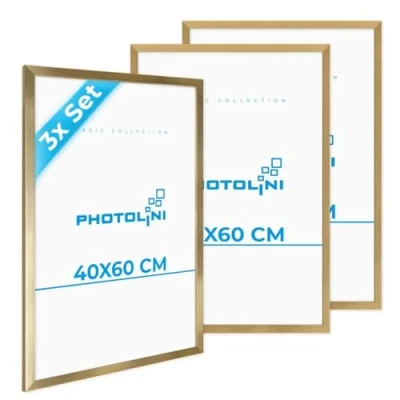 Afbeelding van Photolini Set van 3 fotolijsten goudkleurig mdf, met onbreekbaar acrylglas, om op te hangen, extra accessoires, voor foto&#039;s, afbeeldingen en posters 40 x 60 cm