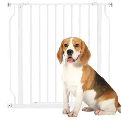 Afbeelding van PawHut Veiligheidshek voor huisdieren verstelbare lengte barrière trap gangen deuren zonder boren staal en ABS dim. 75 85 l x 76 h cm wit