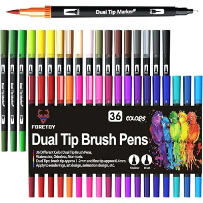 Afbeelding van FORETOY Viltstift, 36 kleuren, aquarelstift, penseelstift, voor volwassenen en kinderen, bullet journal, tekenen, schilderen, mandala, penseelpunt 1 2 mm fijne punt 0,4