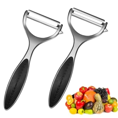 Afbeelding van Mecmbj 2 stuks dunschiller voor groenten en fruit, groentesnijder, roestvrij staal, aardappelschiller, rechts/gekarteld, appelschiller met antislip handgreep, wortelen, komkommer, tomaat