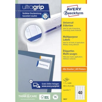 Afbeelding van Avery Zweckform 3657, Universele Etiketten, Ultragrip, Wit, 100 Vel, 40 Per 48,5 X 25,4 Mm Etiket
