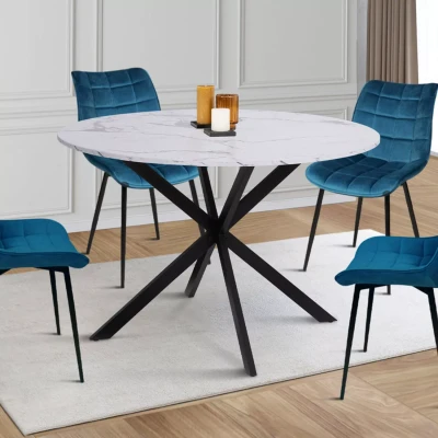 Image de Table à manger ALASKA ronde 4 6 personnes effet marbre blanc et pied araignée métal 120 cm