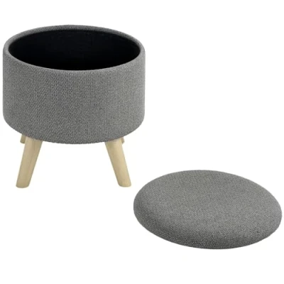 Afbeelding van HOMCOM Ronde poef, voetensteun, kruk met opbergdoos, poten van hout, modern design, grijs