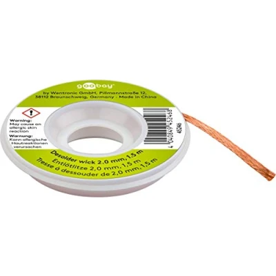 Image de goobay 45246 Tresse à dessouder 2mm / cuivre pur Fil pour enlever l&#039;étain de soudure/Dessouder Conductivité thermique idéale/Tresse souder Bobine 1,5 m