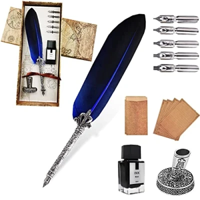 Afbeelding van Kalligrafie Set voor Engelse letters,Quill Pen en Inkt with 5 Replacement Nibs, Ink, 2 enveloppen 4 briefvellen.