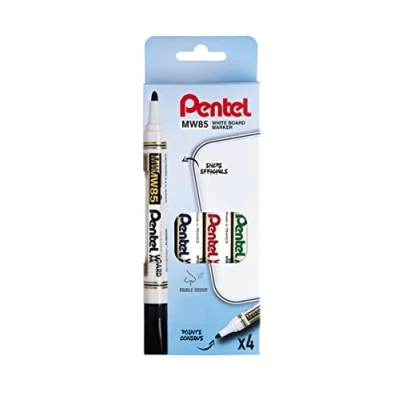Afbeelding van Pentel MW85/4 bordmarker, afwasbaar, middelgrote punt, zwart/rood/blauw/groen, 4 stuks