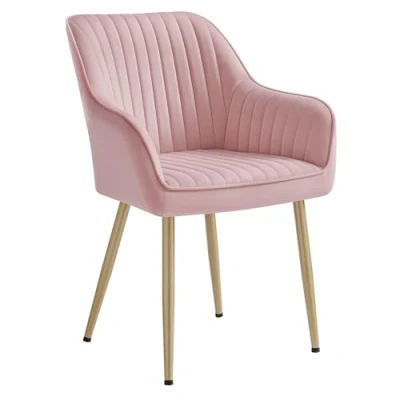 Afbeelding van SONGMICS Eetkamerstoel, keukenstoel, fauteuil, fluweel, gestoffeerde stoel met armleuningen, loungestoel, belastbaar tot 120 kg, metalen poten, voor eetkamer, keuken, pastelroze lichtgoud