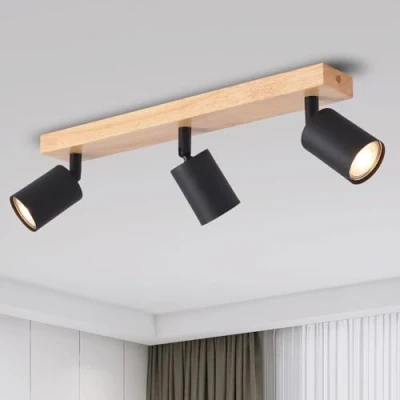 Afbeelding van ANWIO plafondlamp, spots, 3 led plafondspots voor binnen, GU10 basis, zwart, met rechthoekige houten draaibare plafondlamp (zonder lampen).