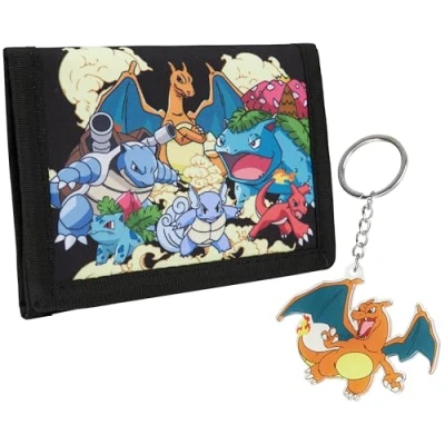 Afbeelding van Pokemon Portefeuille Enfant Ado Trifold en Toile Poche ID Porte Monnaie Zippé et Clés Coffret Cadeau Original Pikachu (Noir/Multi)