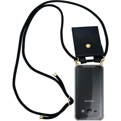 Afbeelding van Cadorabo Hoesje geschikt voor Samsung Galaxy J1 2015 in ZWART Silicone Mobiele telefoon ketting beschermhoes met gouden ringen, koordriem en afneembare etui