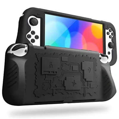 Afbeelding van Fintie Beschermhoes compatibel met Nintendo Switch (OLED model) 2021 Gemaakt van zachte antislip en schokbestendige siliconen 3 speelkaarthouders, ergonomisch handvatontwerp, zwart