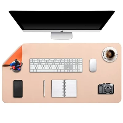 Afbeelding van Muismat XXL, grote muismat, laptop bureaumat, bureauonderlegger, schrijfblok, dubbelzijdig gebruik, PU leer, waterdicht, 90 x 43 cm, beige/oranje