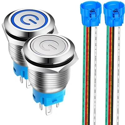 Afbeelding van Gebildet 2 stuks 19 mm roestvrij staal, vergrendeling, drukknopschakelaar, led stroomsymbool, 12 V 24 V, 5 A, waterdicht, met dopsleutel (led blauw + wit)