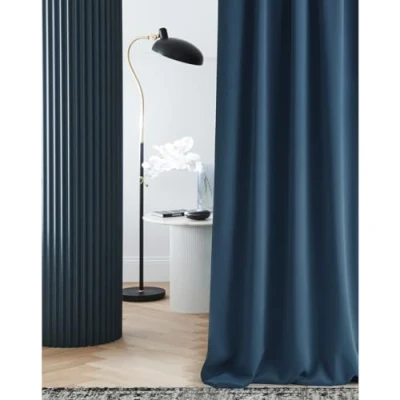 Afbeelding van ROOM99 Laurel Gordijn met plooiband, 140 x 250 cm (b h), ondoorzichtig, schuifgordijn voor woonkamer, slaapkamer, railsysteem, donkerblauw