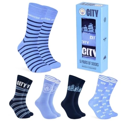 Afbeelding van MANCHESTER CITY FC 5 paar sokken voor dames en heren, zacht, ademend, maat 40 46, cadeau blauw, eenheidsmaat, Blauw