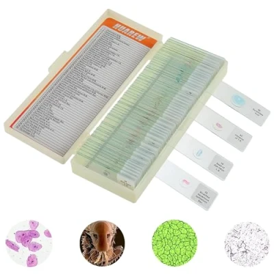 Afbeelding van HUAREW 60 voorbereide microscoopmesjes, professionele biologische monsters planten, insecten, cellen, menselijke weefsels voor kinderen, studenten en thuisschool