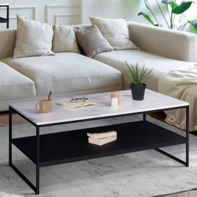 Image de Table basse ALASKA double plateau effet marbre et bois noir pied métal