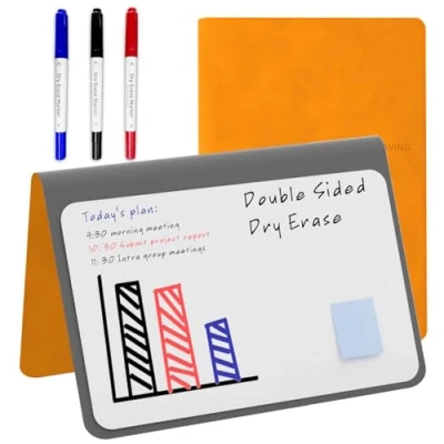 Afbeelding van NEWYES Mini whiteboard, A5 formaat, uitwisbaar, draagbaar, met 3 kleurpennen, geschikt voor het noteren van vergadernotities, boodschappenlijstjes, budget en to do lijsten, oranje