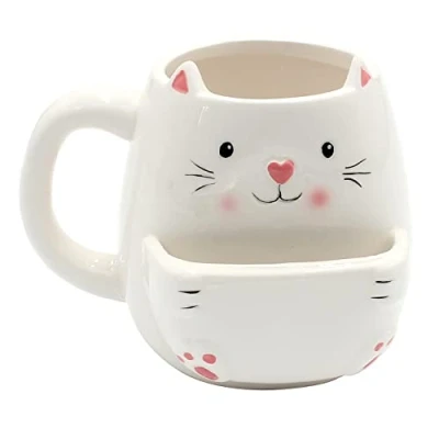 Afbeelding van Dekohelden24 Koffiemok met koekjesvak van keramiek kattenmotief Afmetingen: ca. H x Ø: 10 7 cm Capaciteit: 300 ml Wit