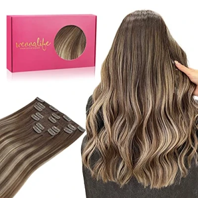 Afbeelding van WENNALIFE Clip in haarverlengingen van echt natuurlijk haar om vast te klikken, 35,6 cm, chocoladebruin tot honingblond, 120 g 7 stuks