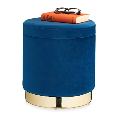 Afbeelding van Relaxdays velvet poef blauw kruk met opbergruimte opberg fluwelen hocker